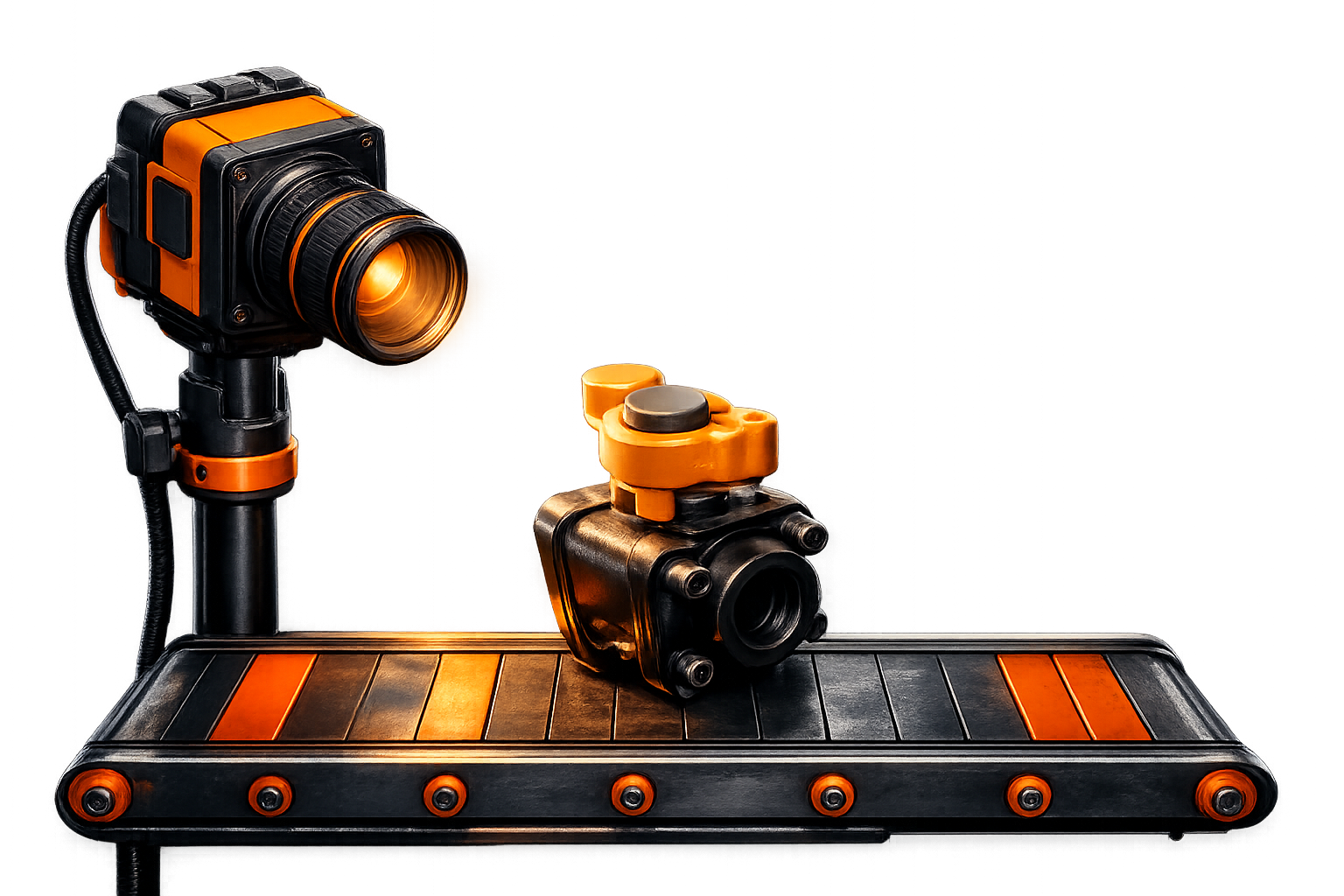 Industrial camera inspecting assembly on conveyor belt